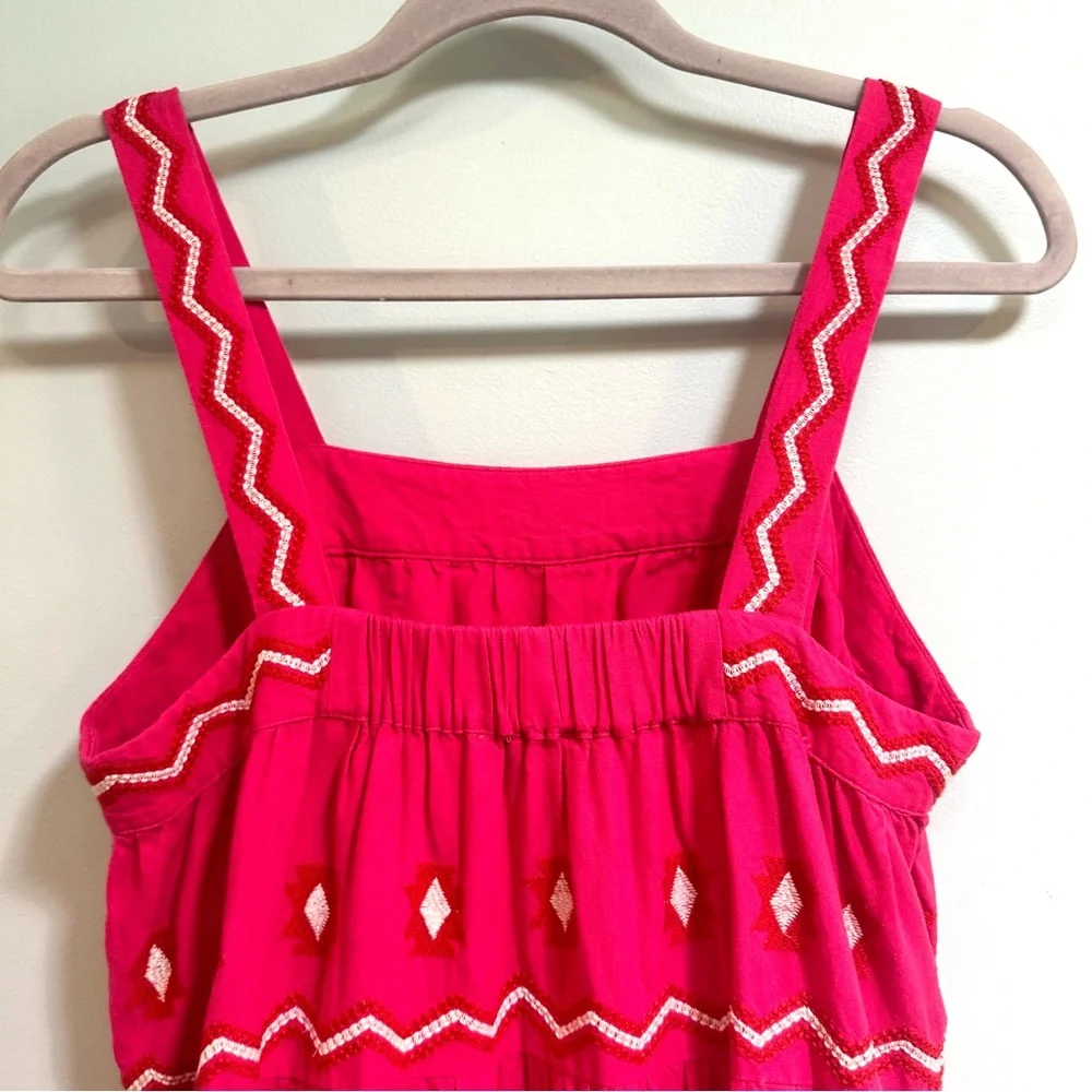 Loft Embroidered Linen blend Boho tiered bright Pink Midi Dress, size small
